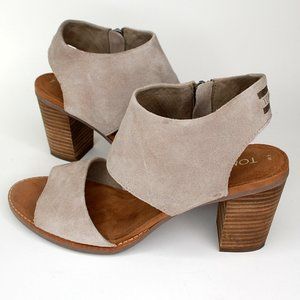 TOMS Majorca Cutout Sandal Beige Taupe Suede Block Heel Side Zip